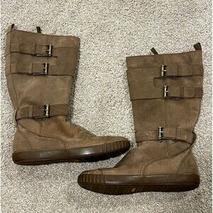 Cole Haan Colby Leather Boots Size 7.5 Tan Buckle Mid Calf Waterproof Moto